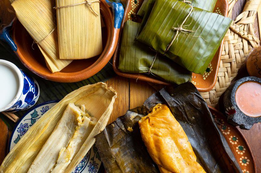 Authentic mexican tamal in banana and corn leaf