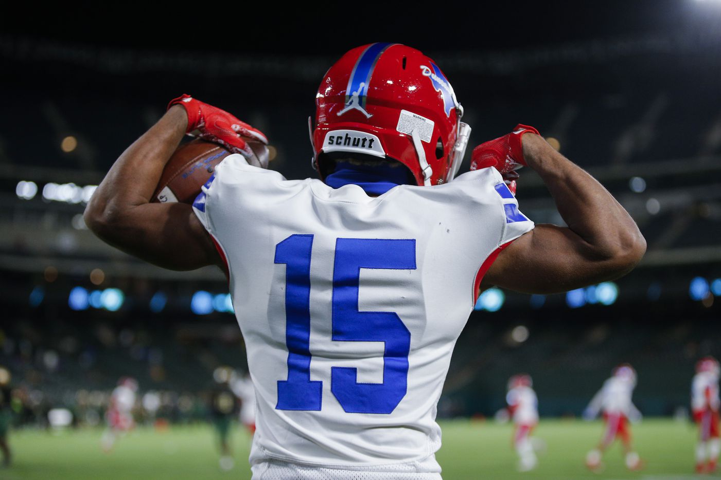 Duncanville senior running back Keyon Pugh (15) celebrates scoring a touchdown during the first half of a Class 6A Division I Region II final high school football game against DeSoto, Saturday, January 2, 2021.  Duncanville won 56-28. (Brandon Wade/Special Contributor)