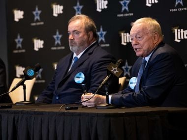 (Left to right) Dallas Cowboys CEO Stephen Jones, coach Mike McCarthy and Dallas Cowboys owner...