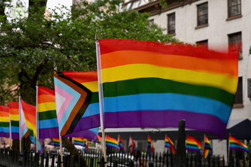 Rainbow flags are seen outside the Stonewall Monument in New York City on June 7, 2022.