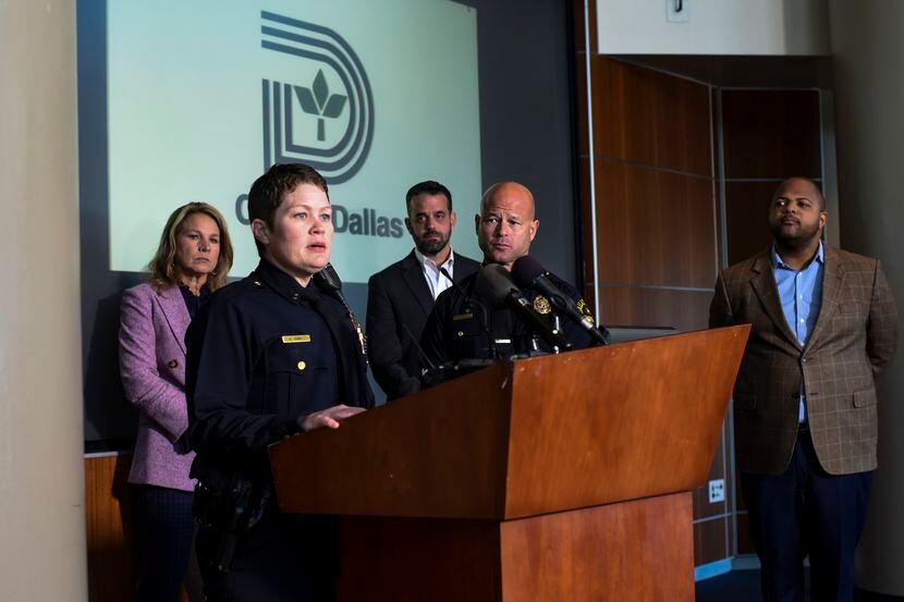 Dallas Police Head of Domestic Violence, Lt. Kylee Hawks, takes questions from reporters as...