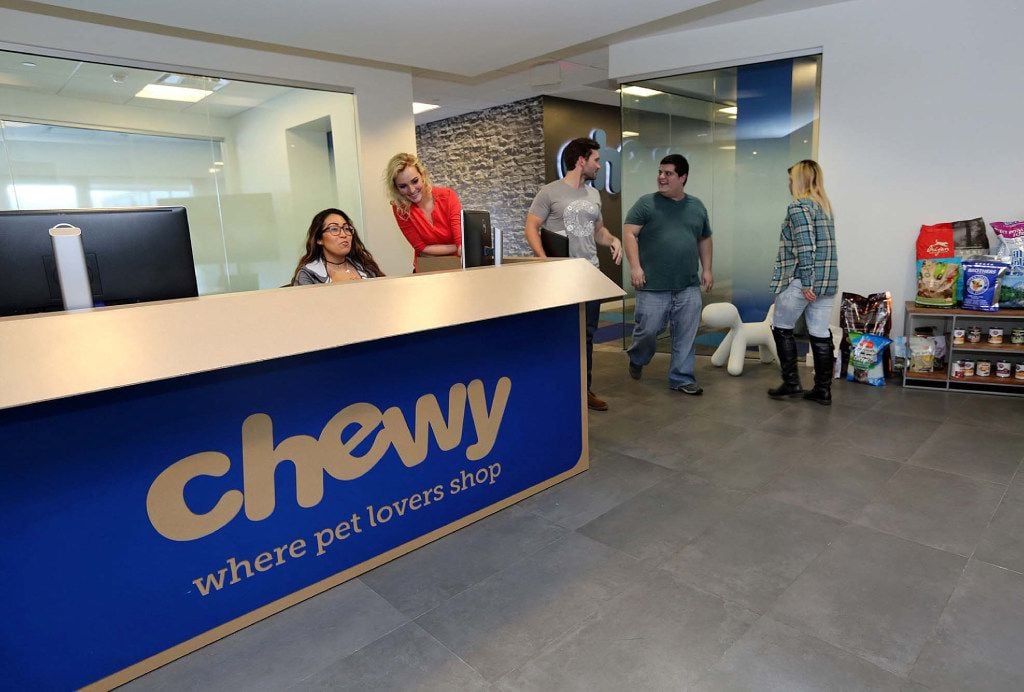 The reception desk of Chewy.com is designed to look like a shipping box from the company....