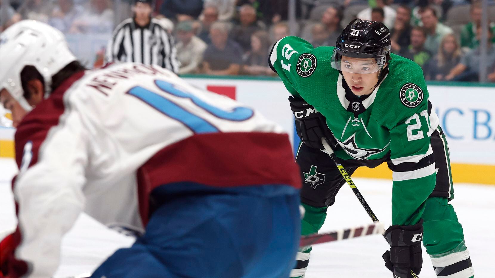 Dallas Stars left wing Jason Robertson (21) gets ready for a face off against the Colorado Avalanche in the first period at the American Airlines Center in Dallas, Thursday, October 7, 2021.