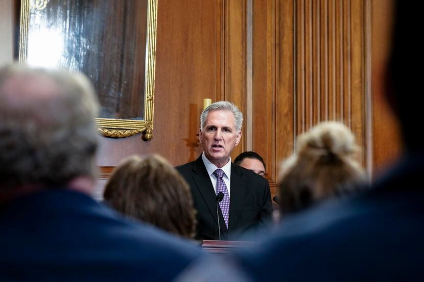 Speaker of the House Kevin McCarthy, R-Calif., speaks to the media about efforts to pass...