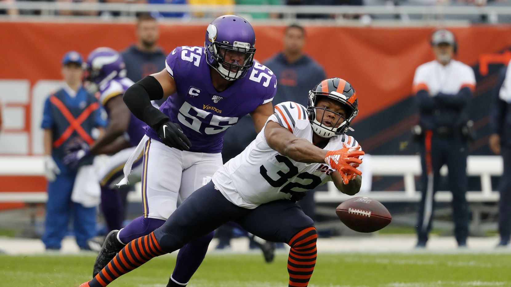 In this Sept. 29, 2019, file photo, Chicago Bears running back David Montgomery (32) is...