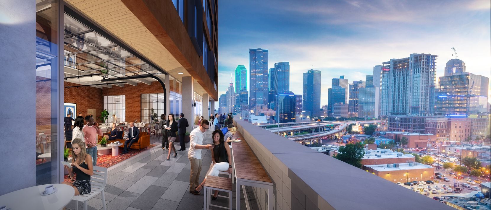 An upper floor terrace in the building overlooks downtown Dallas.