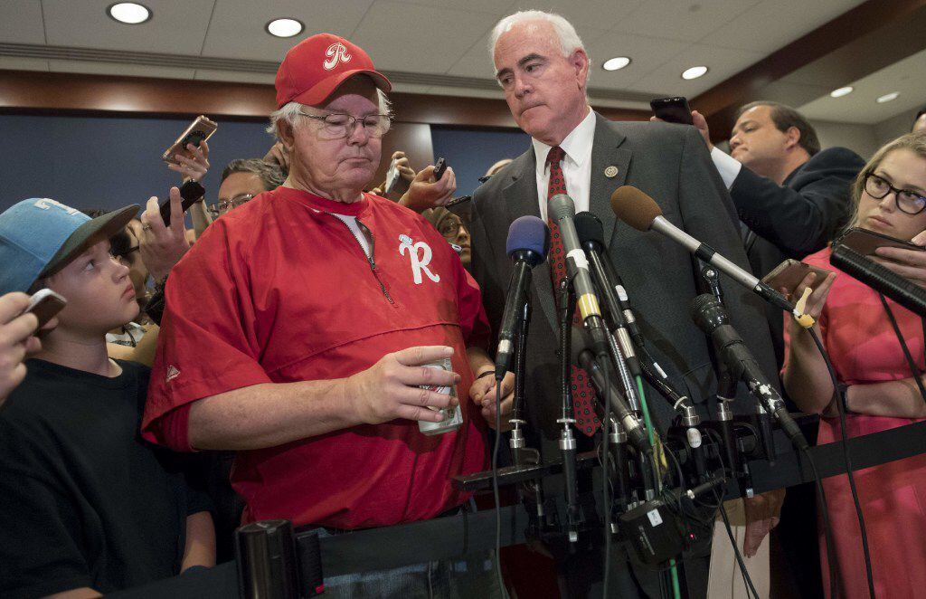 Rep. Joe Barton (left), R-Ennis and manager of the House Republican baseball team, and Rep....