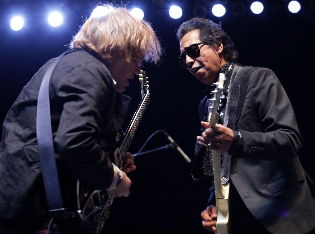 Alejandro Escovedo, right, performs with his band at Toyota Music Factory in Irving, TX, on...