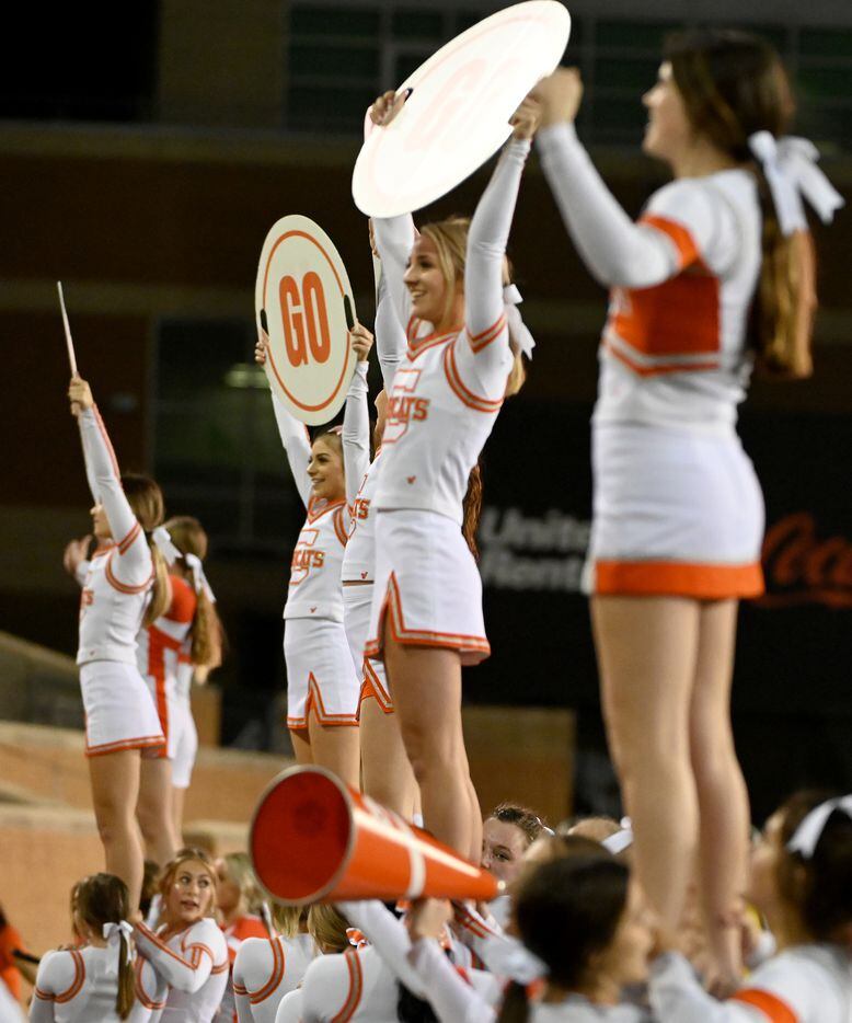 Celina's cheerleaders perform in the first half of a Class 4A Division II Region I final high school playoff football game between Aubrey and Celina, Friday, Dec. 3, 2021, in Denton, Texas. (Matt Strasen/Special Contributor)