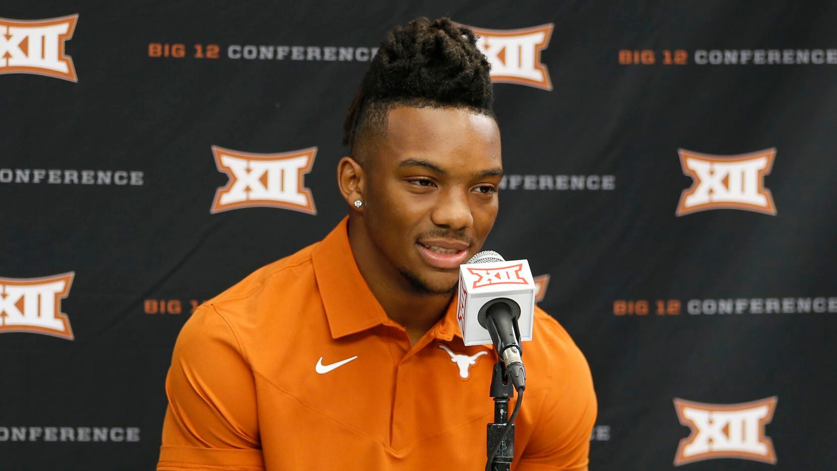 Texas running back Bijan Robinson speaks during a breakout session at the Big 12 Conference...