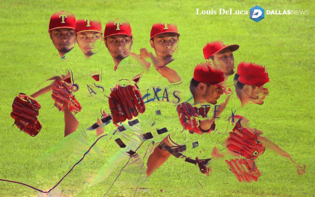 Texas Rangers starting pitcher Yu Darvish (11) is pictured in a multiple exposure in the...