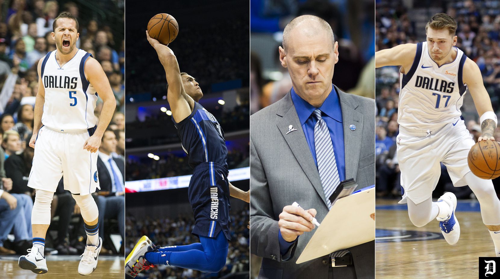 Members of the all-decade team (J.J. Barea, Dwight Powell, Luka Doncic) and head coach Rick...