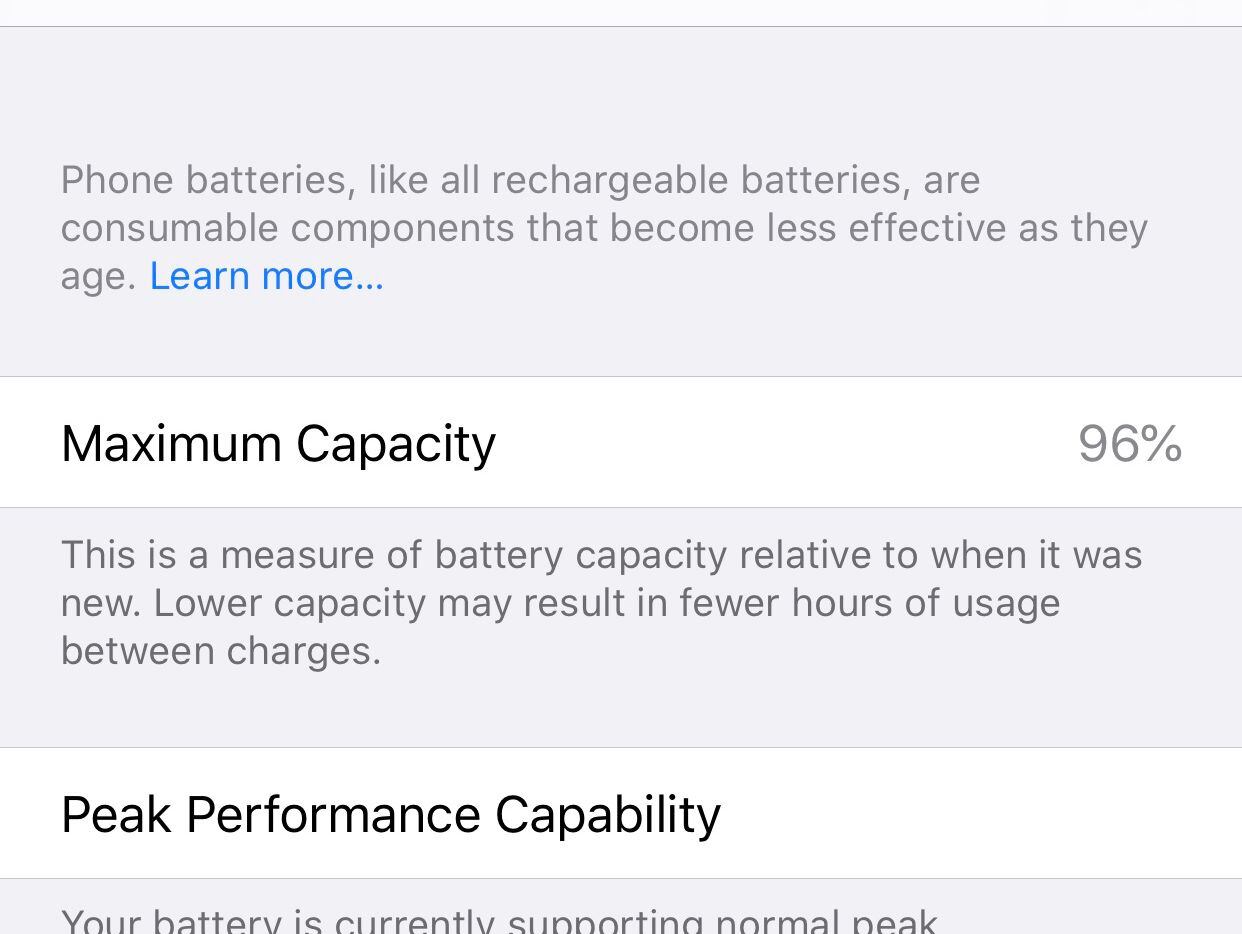 The iOS Battery Health control panel shows the status of your phone's battery.