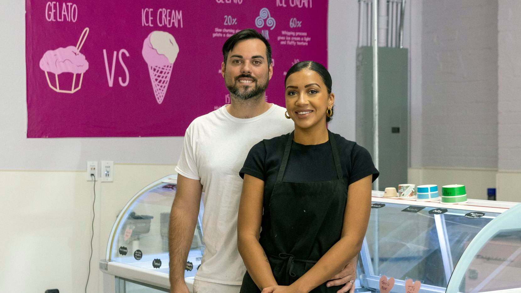 Owners TJ Reilly (left) and Ashley Reilly stand together at Terri’s Gelato Cafe on...