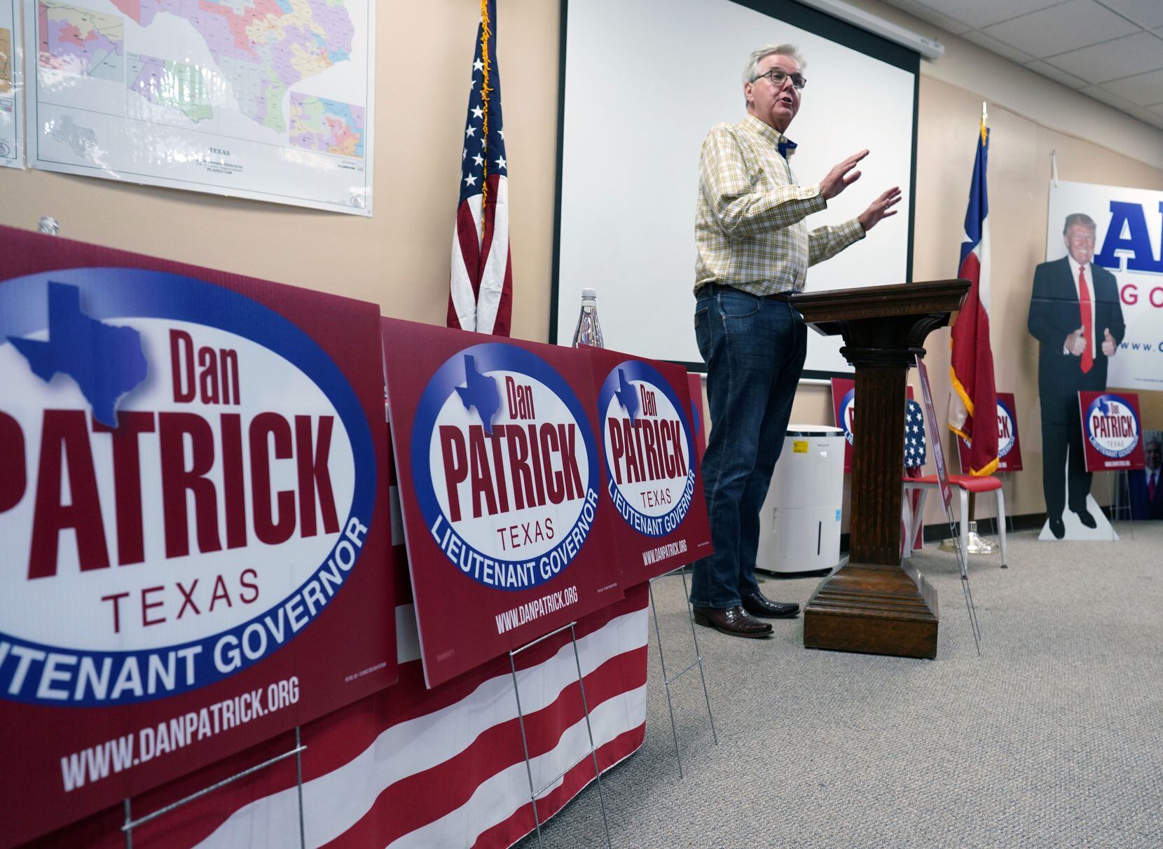 Texas Lt. Gov. Dan Patrick spoke with supporters while he campaigned at the Hidalgo County...