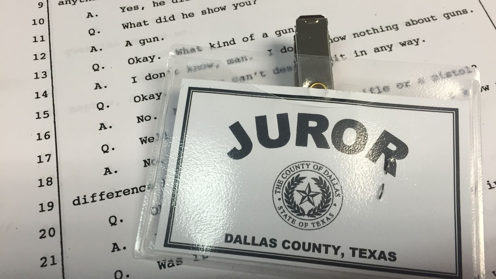 A Dallas County juror badge.