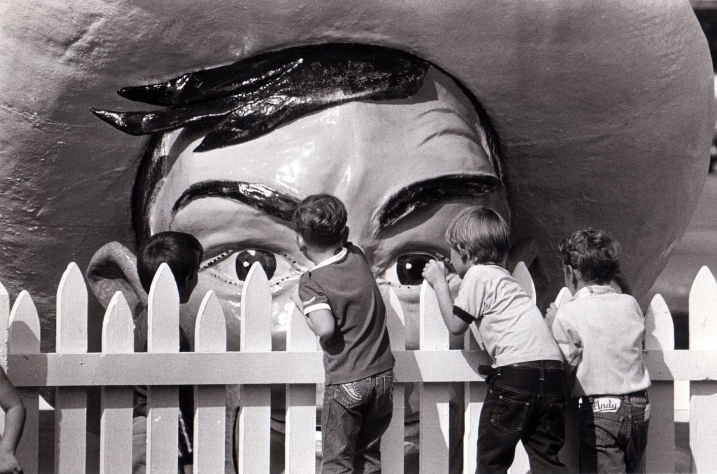 Big Tex peeks over the fence as he's assembled in 1981.
