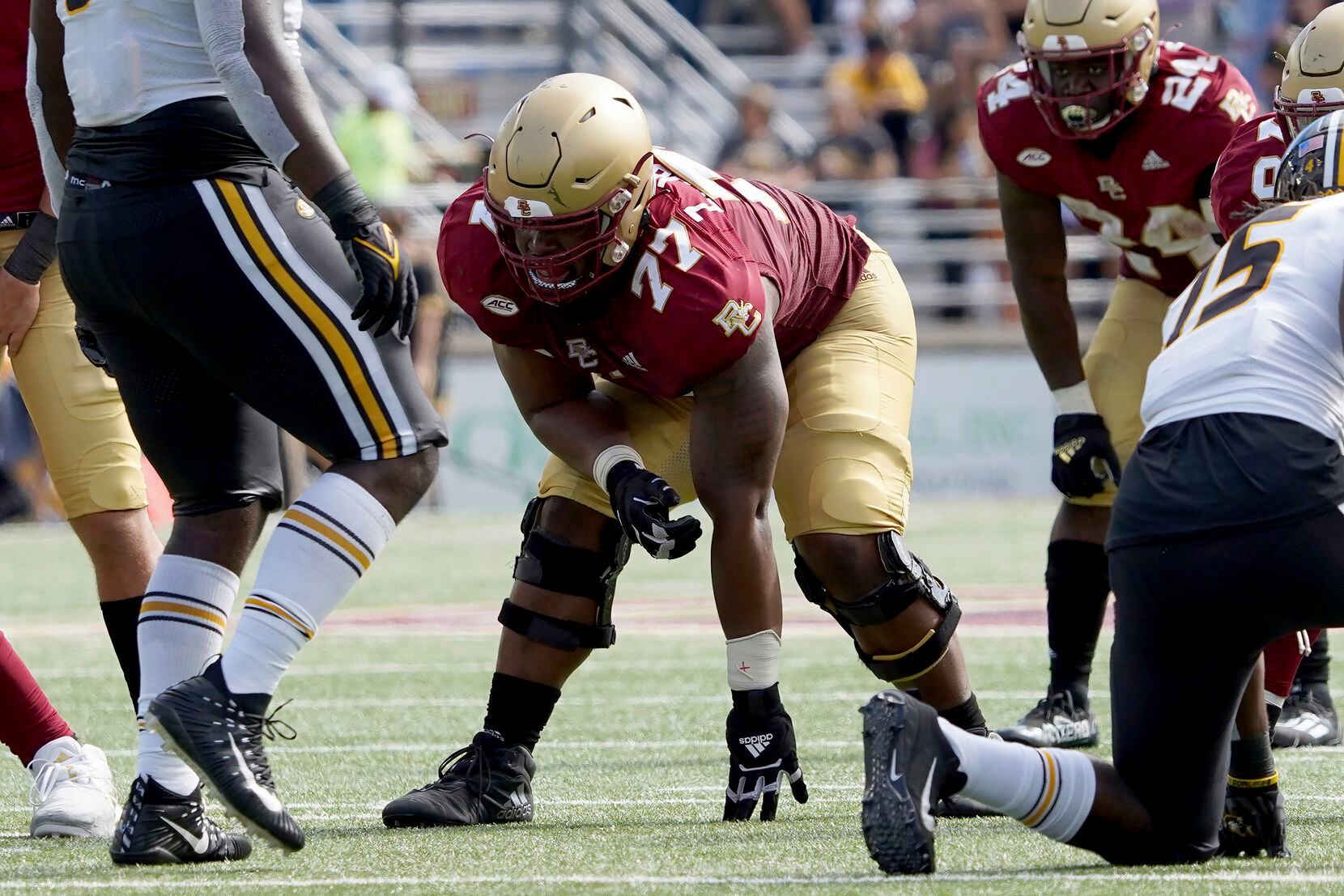 Boston College offensive lineman Zion Johnson (77) during the second half of an NCAA college...