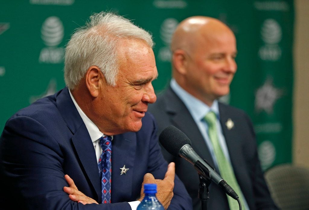Dallas Stars Chief Executive Officer Jim Lites, left, talks about new Dallas Stars head coach Jim Montgomery during a press conference at American Airlines Center in Dallas, Friday, May 4, 2018. (Jae S. Lee/The Dallas Morning News)