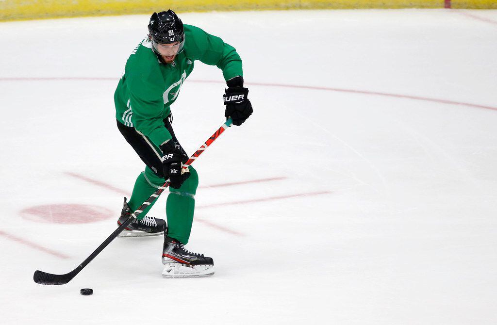 Dallas Stars center Tyler Seguin (91) looks to pass during Dallas Stars training camp at...