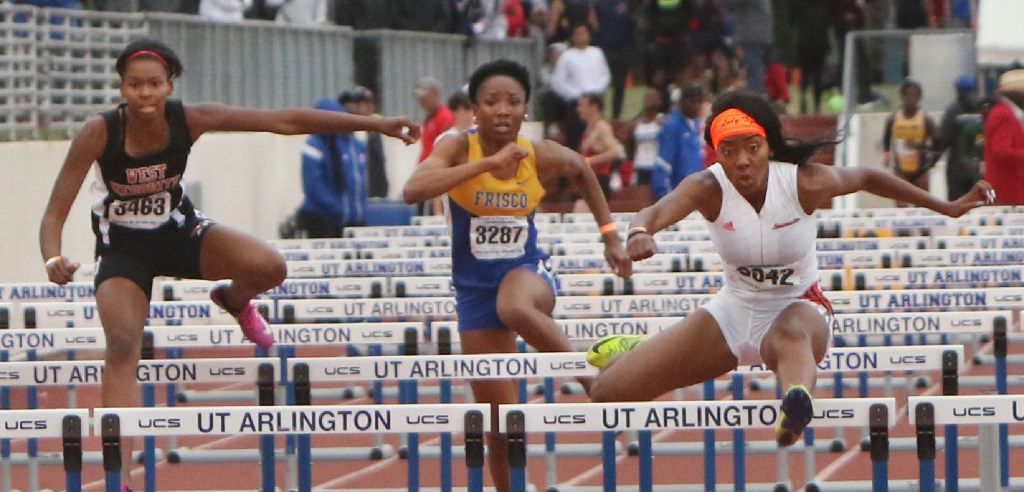 Lancaster's Kyla Glenn wins the Girls 5A 110 meter hurdles event as Frisco's Simone Watkins and West Mesquite's Ja'Sha Sloam follow. The UIL Region l 6A and UIL Region ll 5A track meets were held at UT Arlington's Maverick Stadium in Arlington on April 29, 2017. (Steve Hamm/Special Contributor)