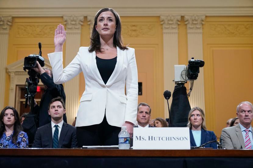 Cassidy Hutchinson, former aide to Trump White House chief of staff Mark Meadows, is sworn...