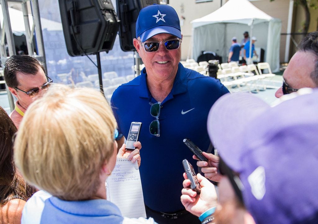 Dallas Cowboys Executive Vice President and CEO Stephen Jones speaks to reporters after an...