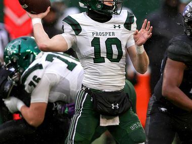 Prosper quarterback Harrison Rosar looks to pass against North Crowley during the first half...