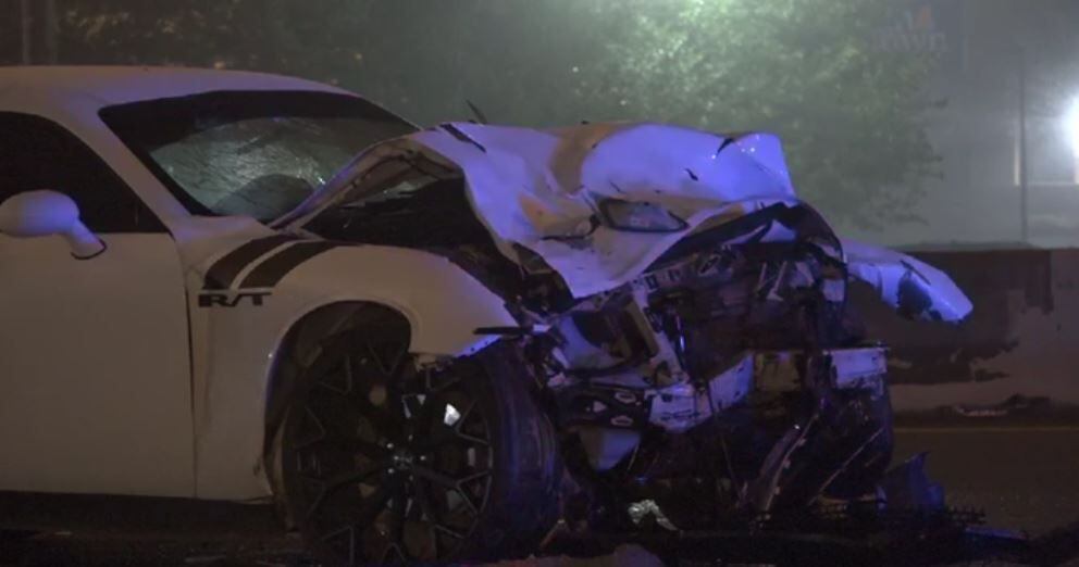 The wreck crumpled the front of the Dodge Challenger. (Metro Video)