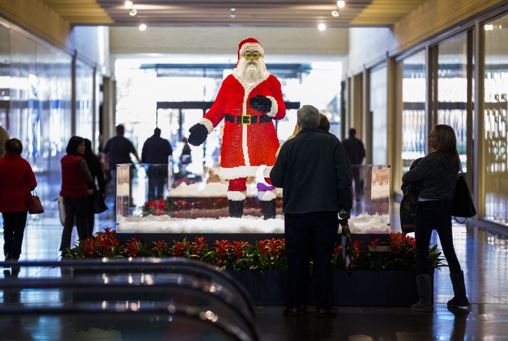 A 6-foot tall LEGO Santa is among Christmas decorations in NorthPark Center.