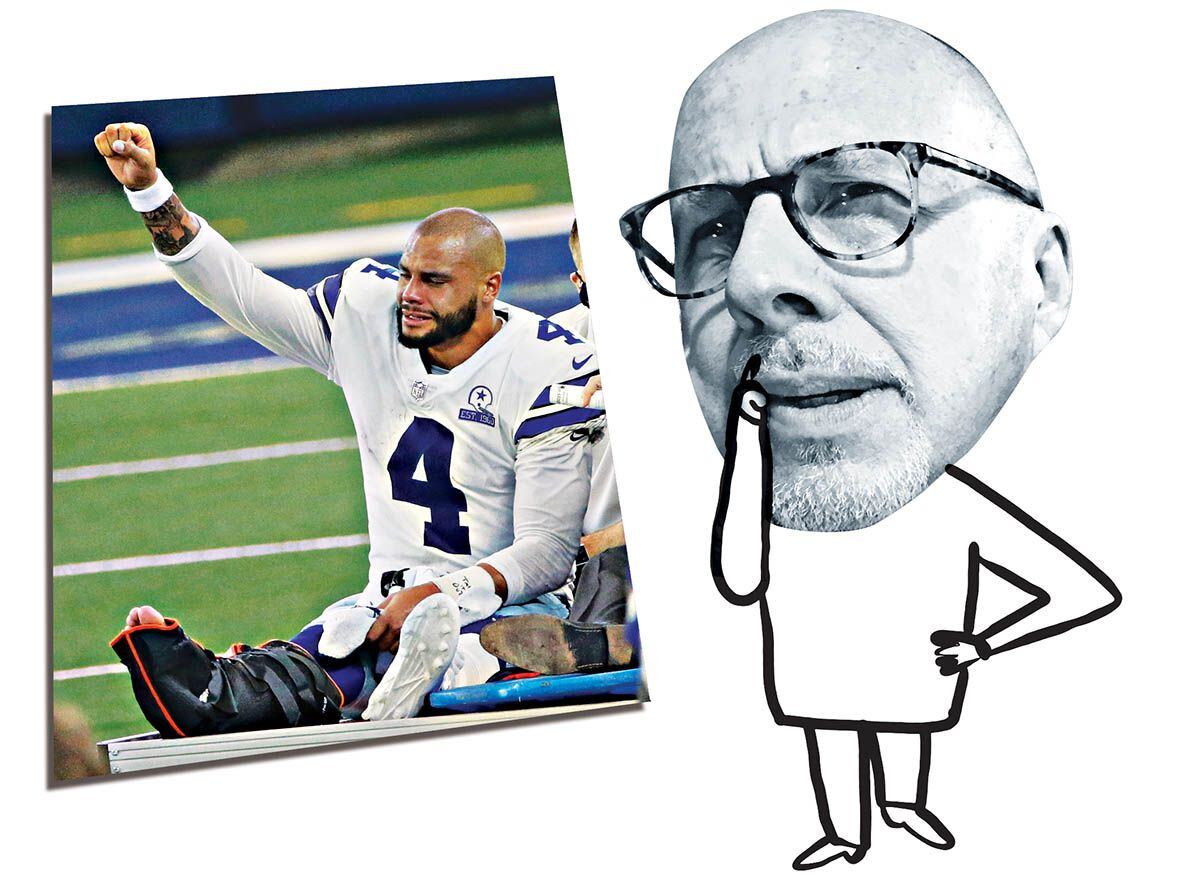 Cowboys quarterback Dak Prescott (left) and an illustration of columnist Kevin Sherrington....