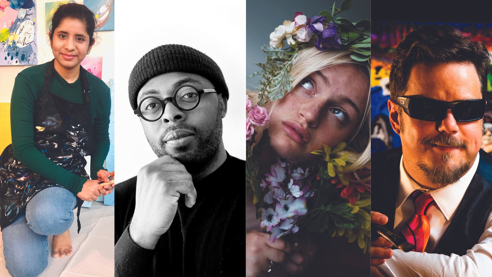 A collage of artists Deepa Koshaley, Jeremiah Onifadé, Remy Reilly, and John Bramblitt.