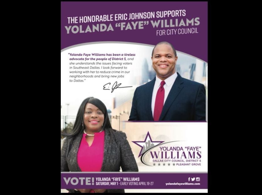 A screenshot of a flyer released by Dallas City Council District 5 candidate Yolanda Faye Williams on April 15, 2021, shows an endorsement from Mayor Eric Johnson.