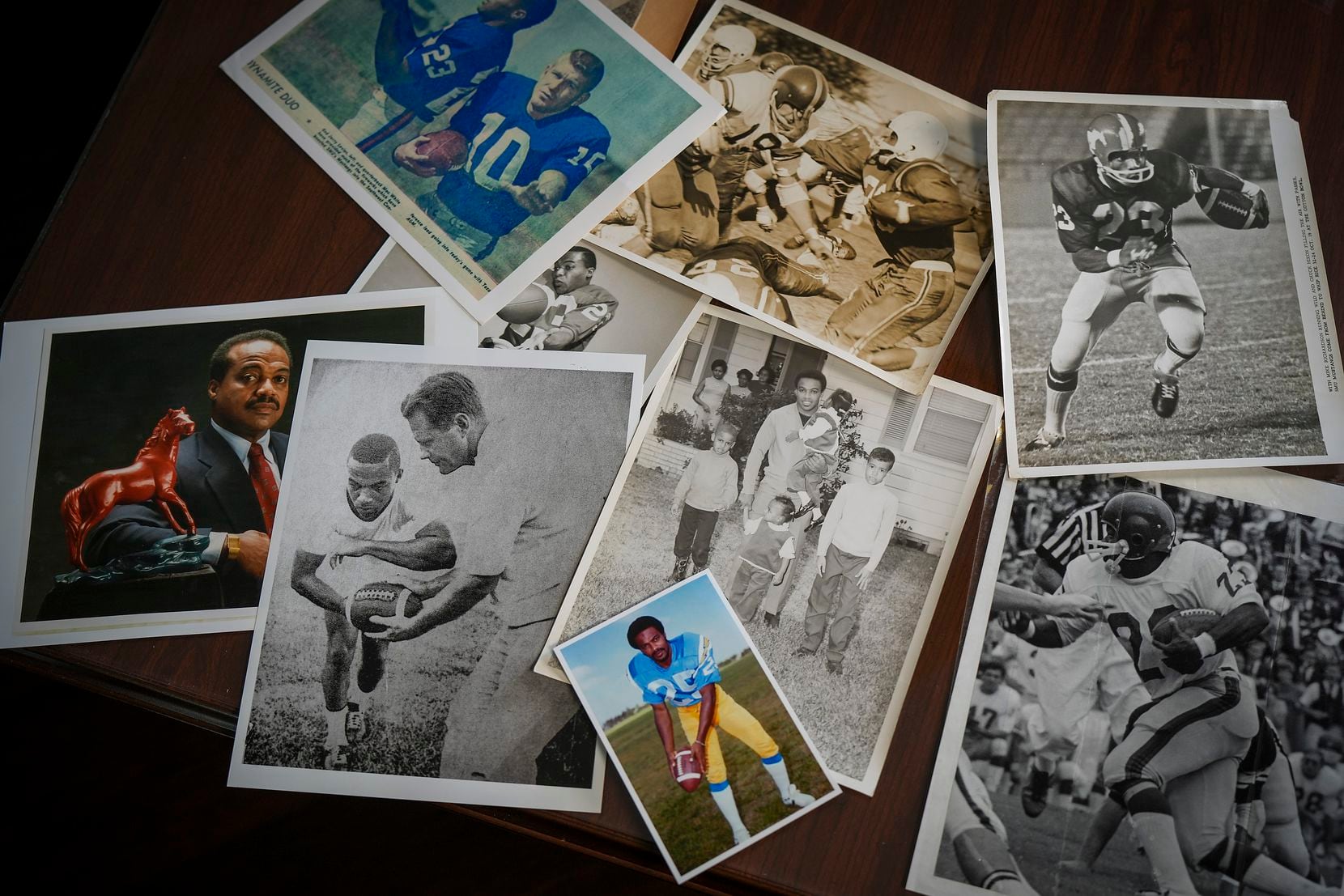 A collection of old photographs and newspaper clippings of Jerry LeVias at his home on...