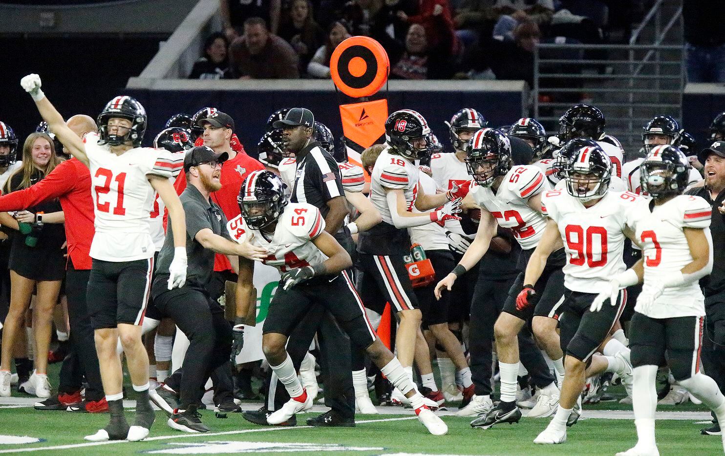 Lovejoy High School reacts to a defensive stop to ensure victory late in the second half as Lovejoy High School played Mansfield Timberview High School in a Class 5A Division II Region II semifinal football game at The Ford Center in Frisco on Friday night, November 21, 2021. (Stewart F. House/Special Contributor)