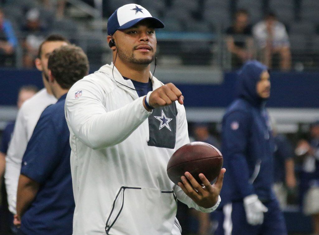 Dallas Cowboys quarterback Dak Prescott (4) is pictured  during early warmups before the...