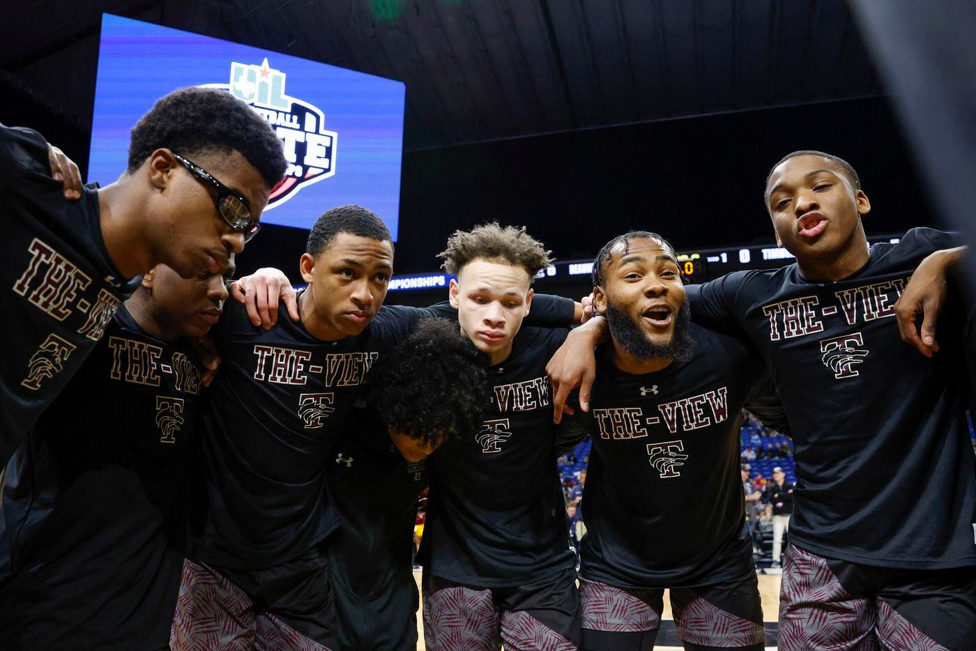 Mansfield Timberview players huddle before the Class 5A state championship game at the...