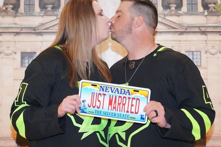 Dallas Stars fans Jacob Taylor and Jaime Ellithorpe got married in Vegas hours before...