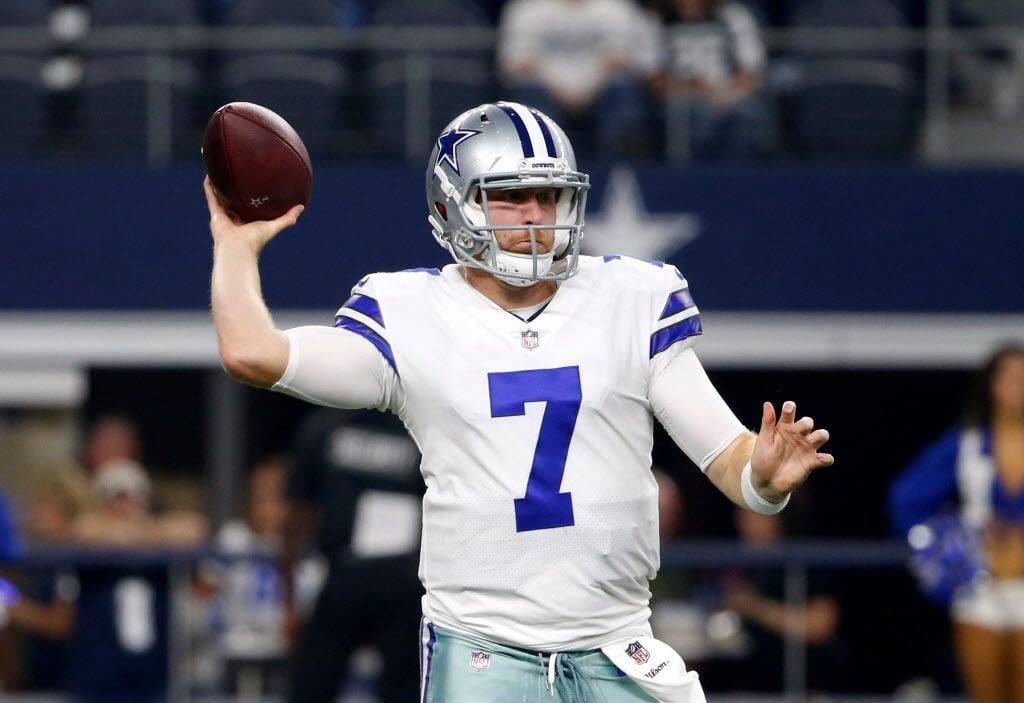 Dallas Cowboys quarterback Cooper Rush (7) throws a pass in the second half of a preseason...