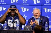 Dallas Cowboys owner Jerry Jones, right, speaks at an NFL football news conference...