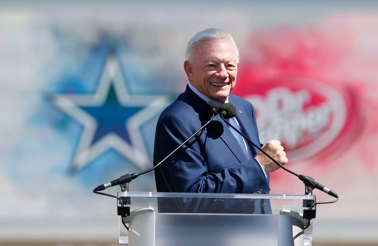 Dallas Cowboys owner and general manager Jerry Jones speaks to the crowd during the Ring of...