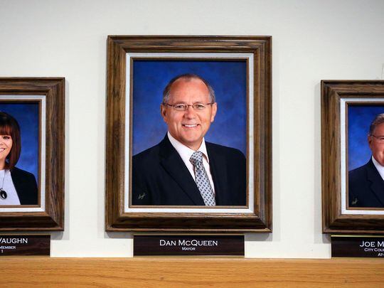 Corpus Christi's recently resigned mayor Dan McQueen's picture at City Hall.
