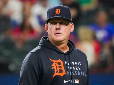 Detroit Tigers manager A.J. Hinch heads back to the dugout after removing starting pitcher...