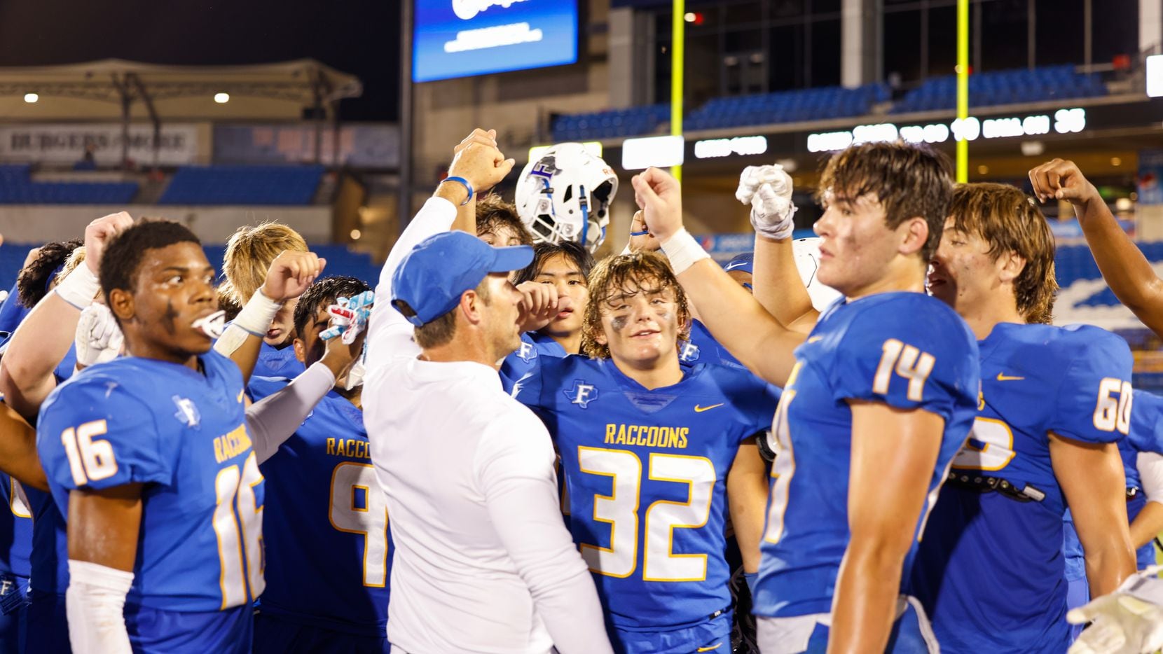 Frisco High School celebrates a win against the Lebanon Trail Blazers at Toyota Stadium in...