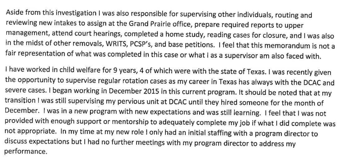  CPS supervisor Amber Davila, in a rebuttal to her firing, complained that she did not...