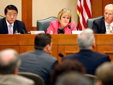 Texas House Committee on Human Services members (from left) Gene Wu, Stephanie Klick and...