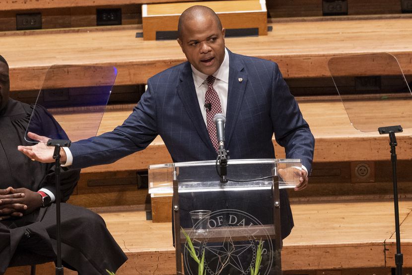 Dallas Mayor Eric Johnson speaks during the Dallas City Council’s inauguration ceremony in...