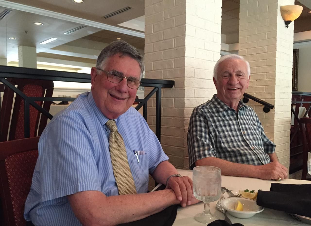 
Jim Christon (left) and Angelo Stergios are shown at Vincent’s Seafood in Plano on July 27. 
