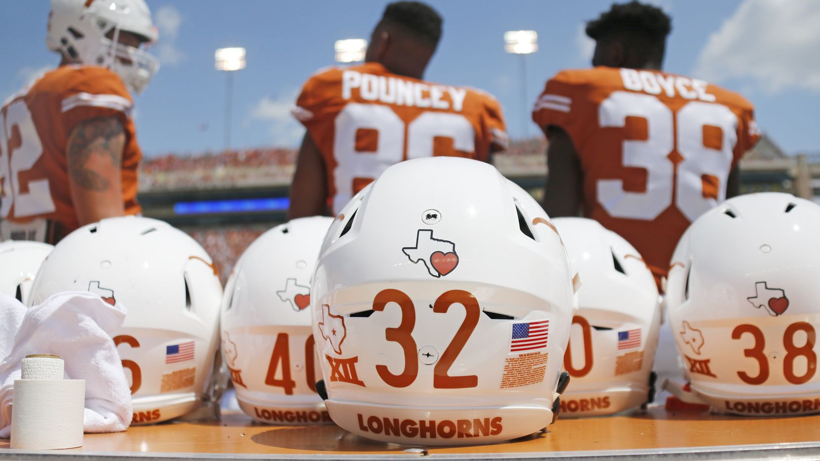 Every Texas Longhorns helmet sports a special decal showing support for the Houston area after it was damaged by flooding from Hurricane Harvey this week. Photographed during the University of Maryland Terrapins vs. the University of Texas Longhorns NCAA football game at Darrell K Royal Texas Memorial Stadium in Austin, Texas on Saturday, September 2, 2017. (Louis DeLuca/The Dallas Morning News)