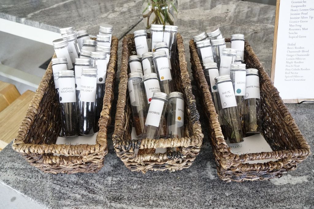 Vials of tea leaves await inhaling at Leaves Book and Tea Shop in Fort Worth.